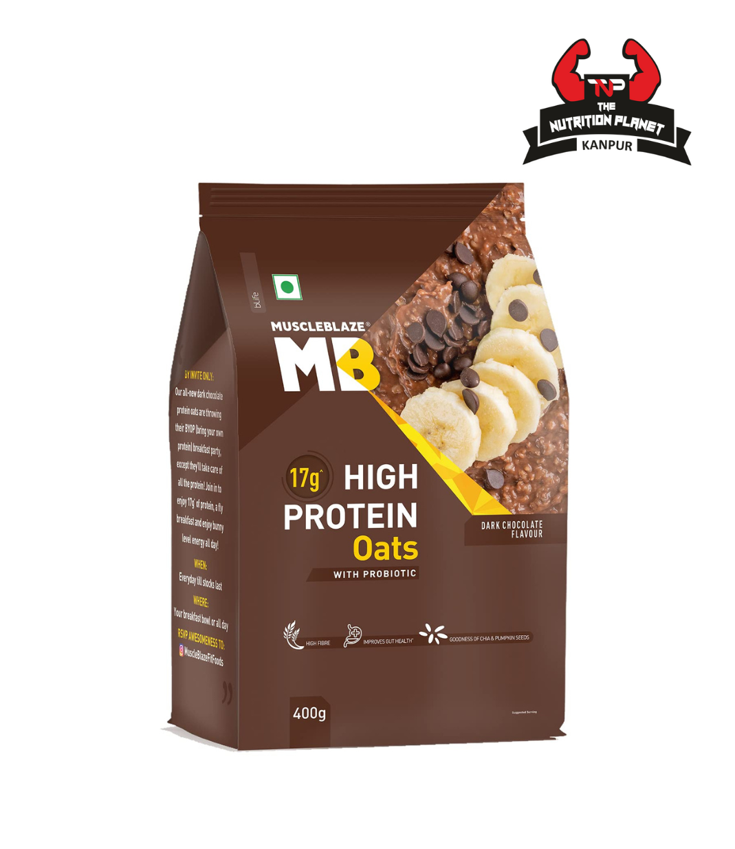 MuscleBlaze High Protein Oats with Added Probiotics, 17 g Protein, Rolled Oats, Breakfast Cereals, Gluten Free, Trans Fat Free, for Weight Management, Dark Chocolate, 400 g